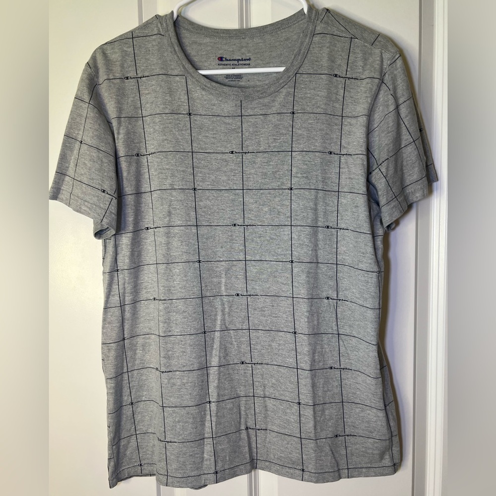 Champion Gray Short Sleeve Tee with Grid Pattern